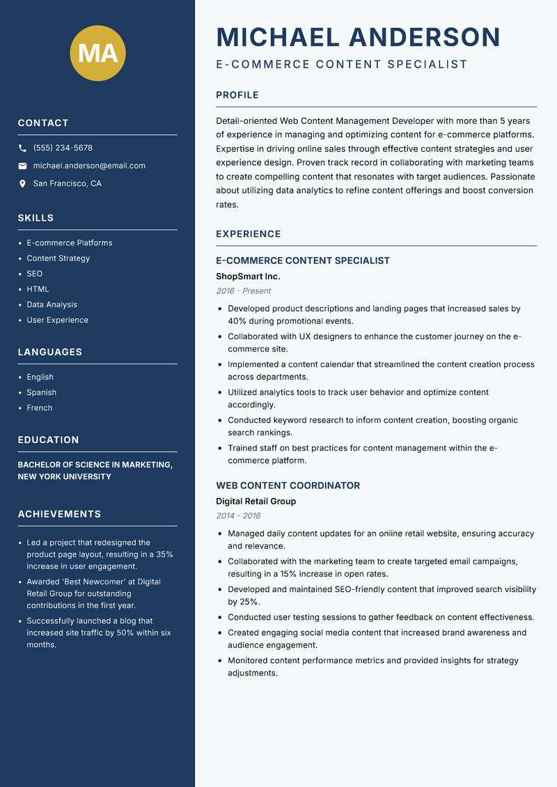 Web Content Management Developer Resume Preview Example