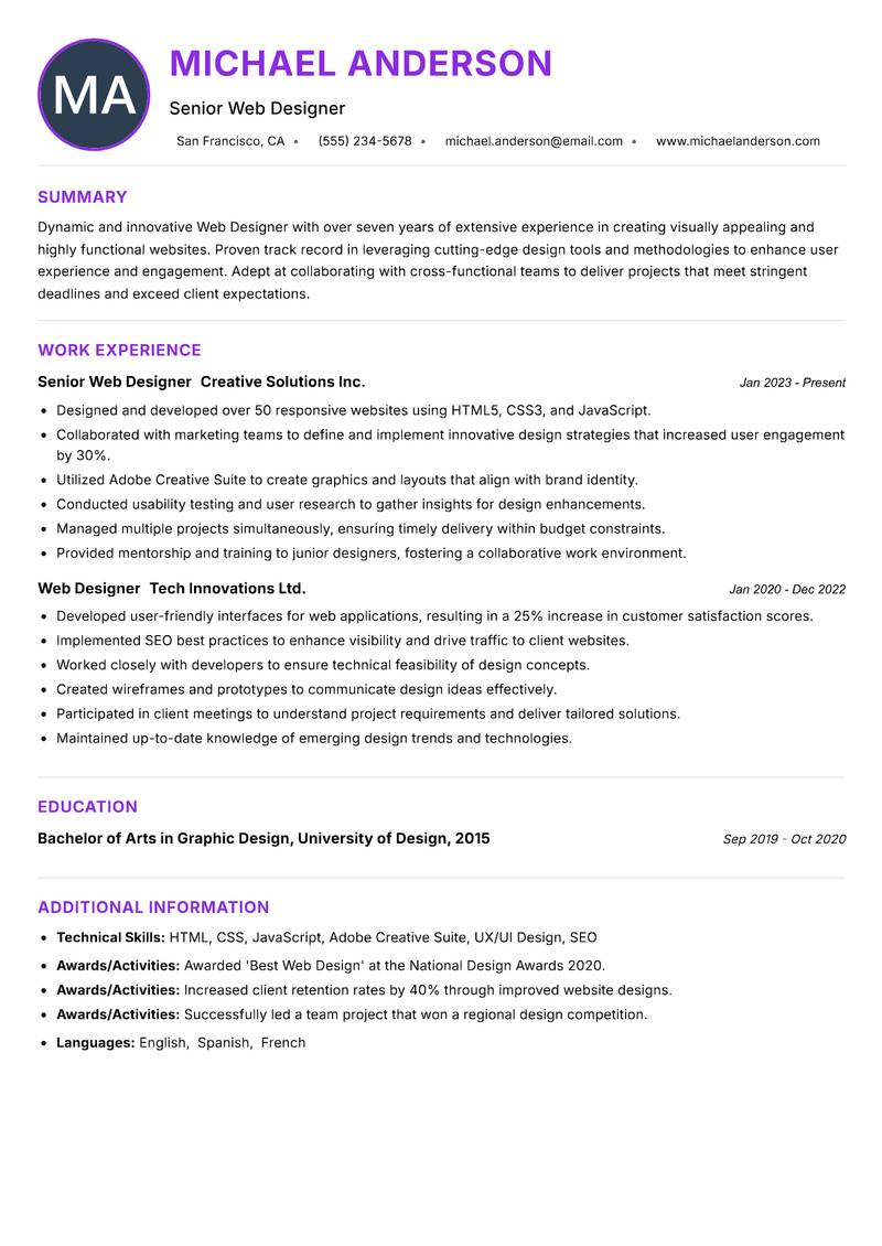 Web Designer Resume Preview Example