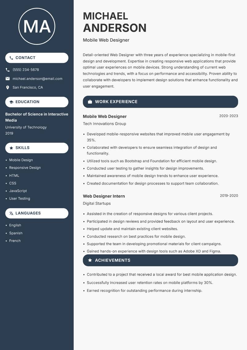 Web Designer Resume Preview Example