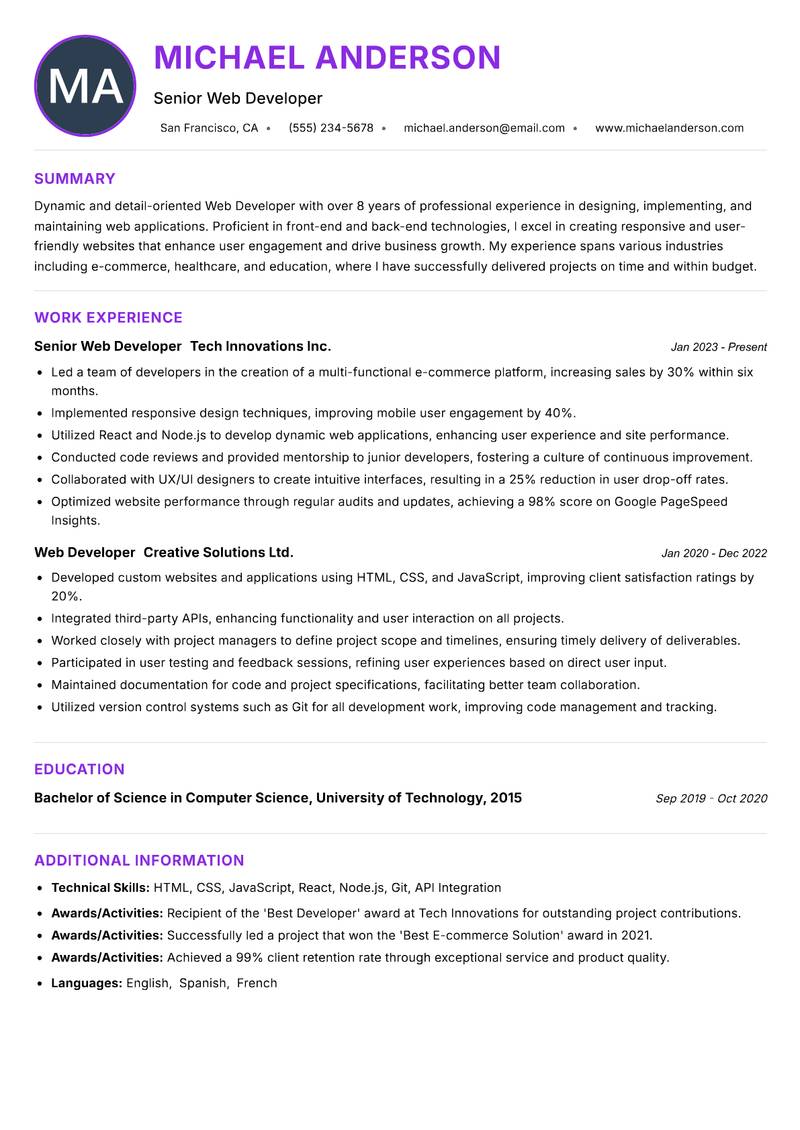 Web Developer Resume Preview Example