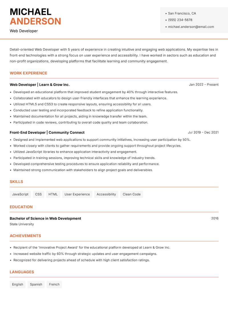 Web Developer Resume Template