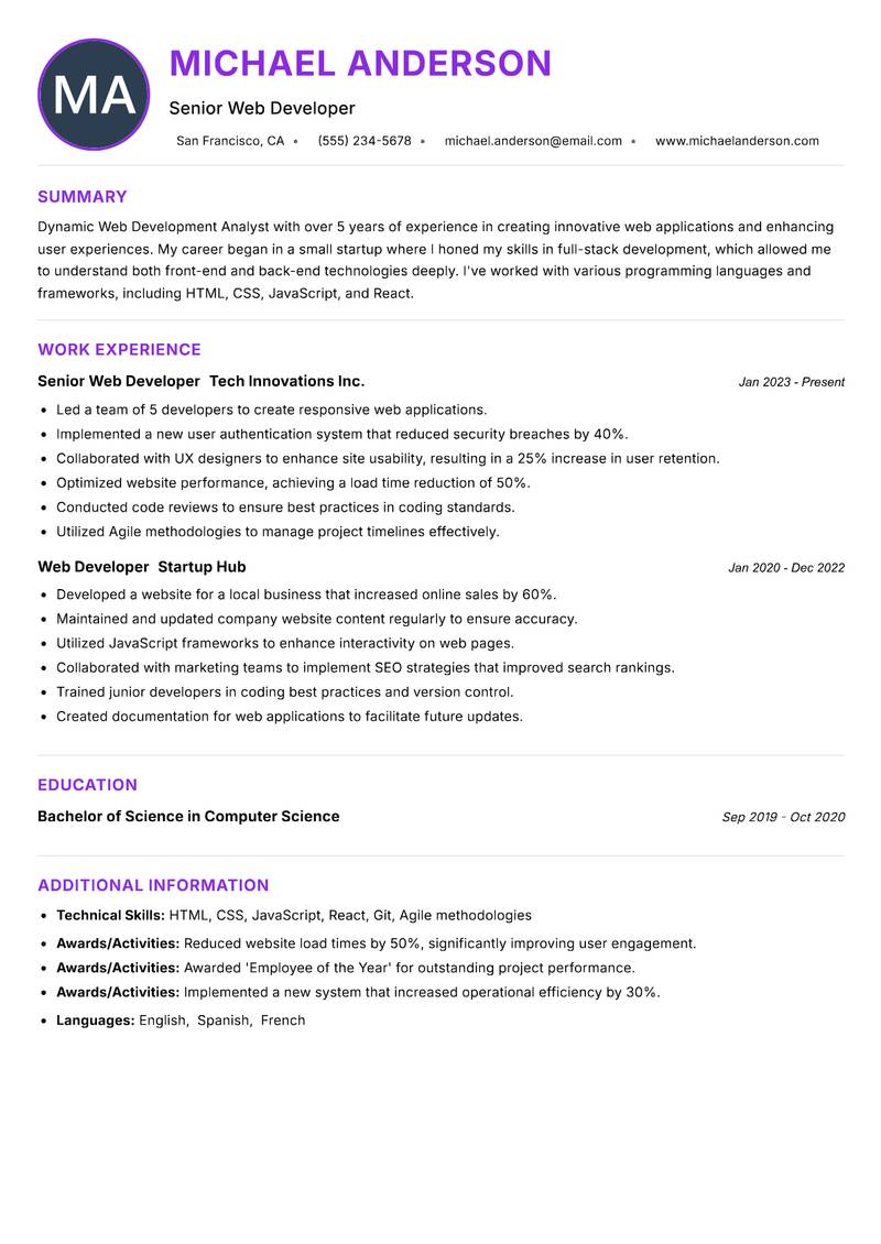 Web Development Analyst Resume Preview Example