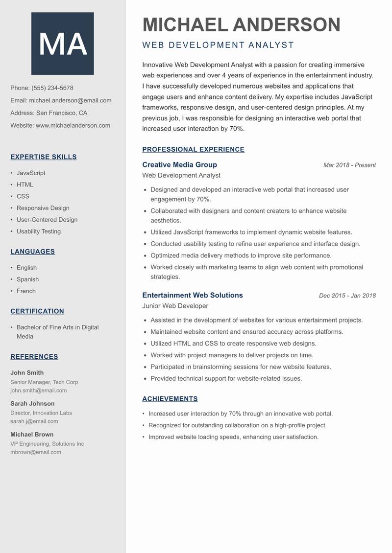 Web Development Analyst Resume Preview Example