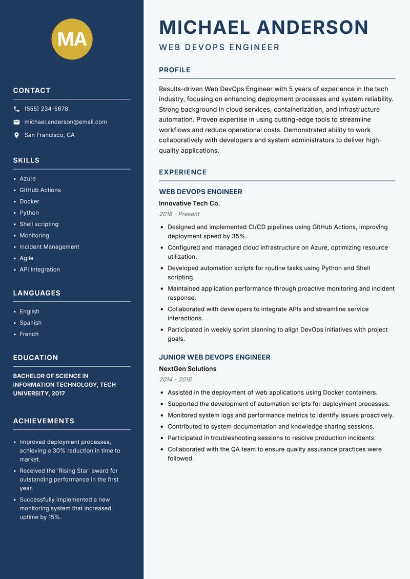 Web DevOps Engineer Resume Preview Example