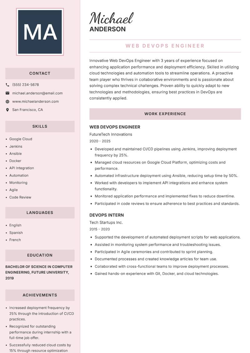 Web DevOps Engineer Resume Preview Example