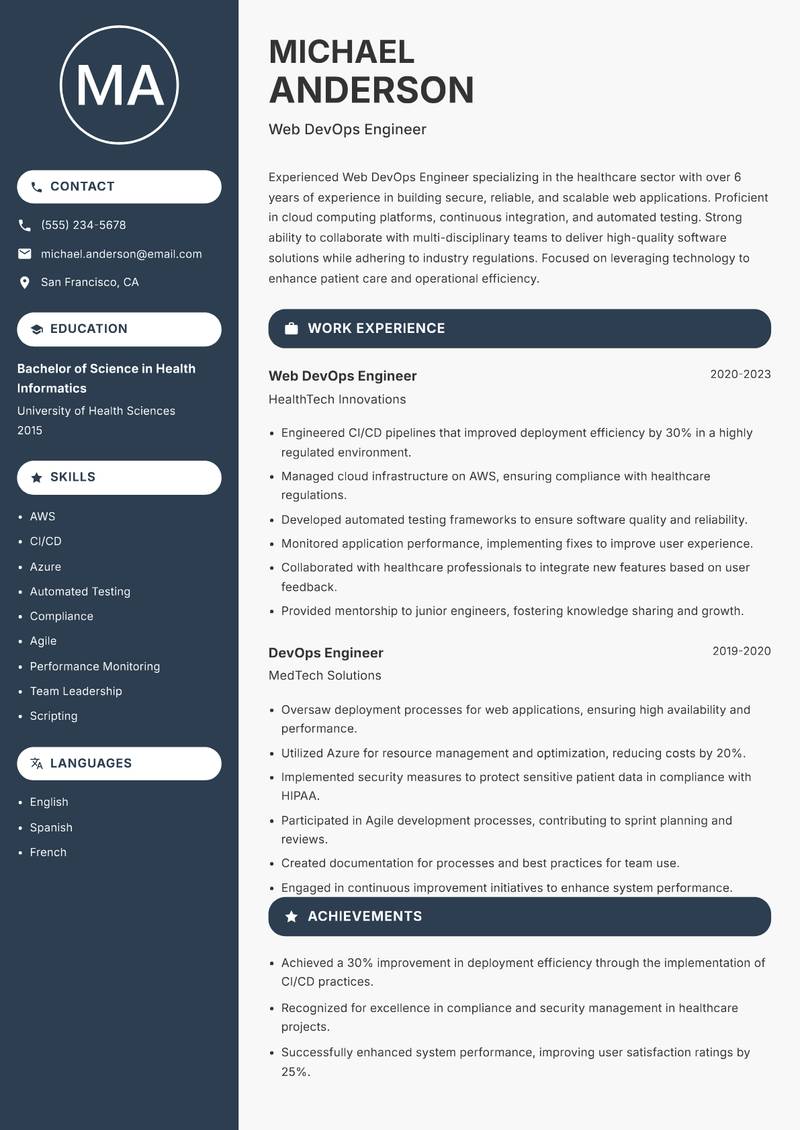 Web DevOps Engineer Resume Preview Example