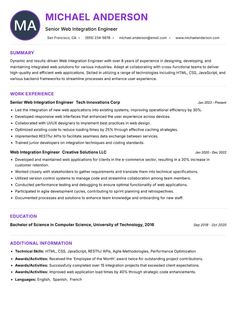 Web Integration Engineer Resume Preview Example