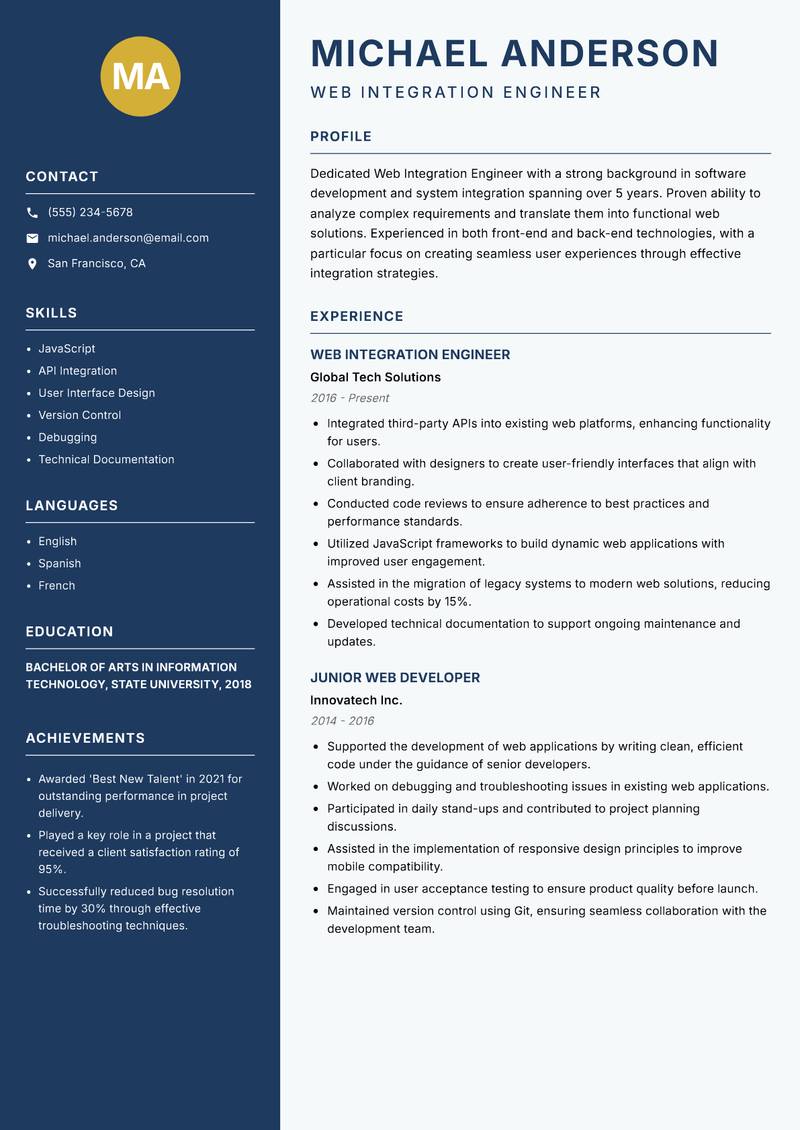 Web Integration Engineer Resume Preview Example