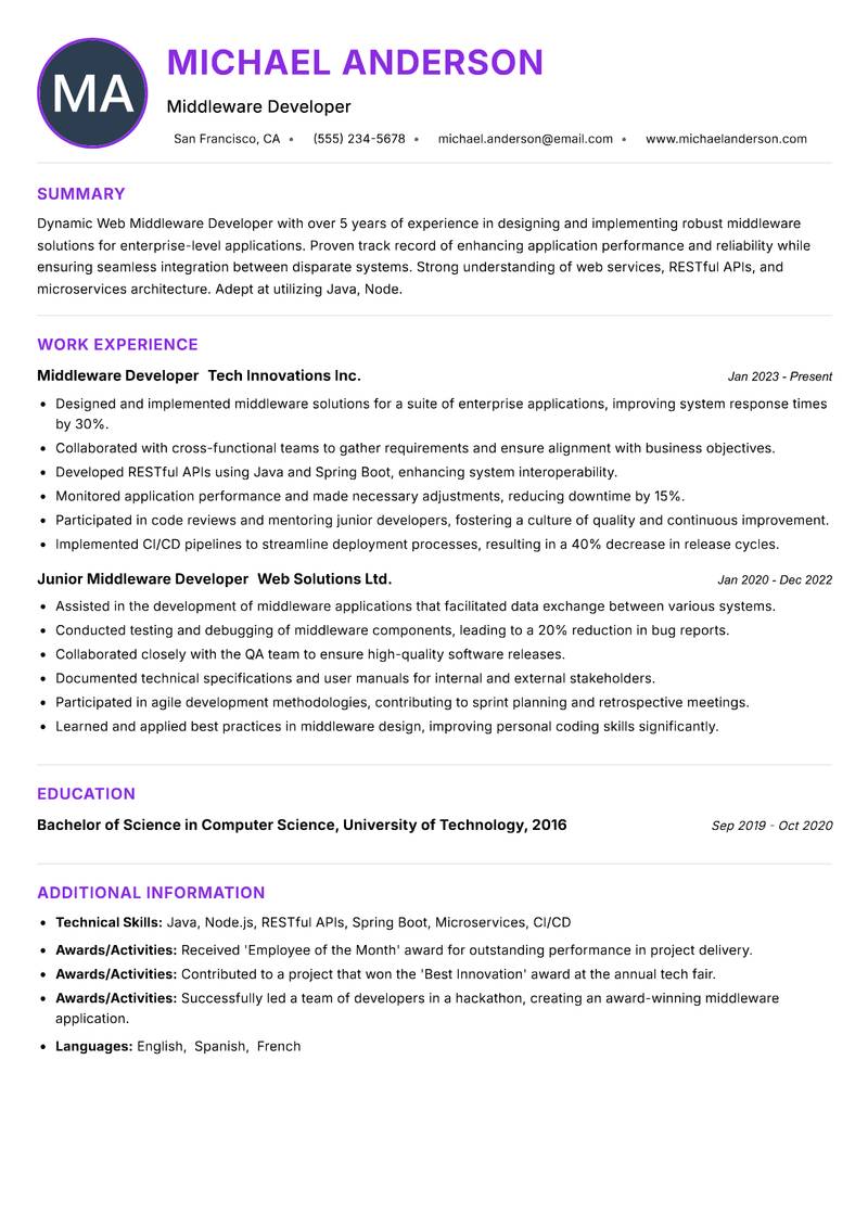 Web Middleware Developer Resume Preview Example