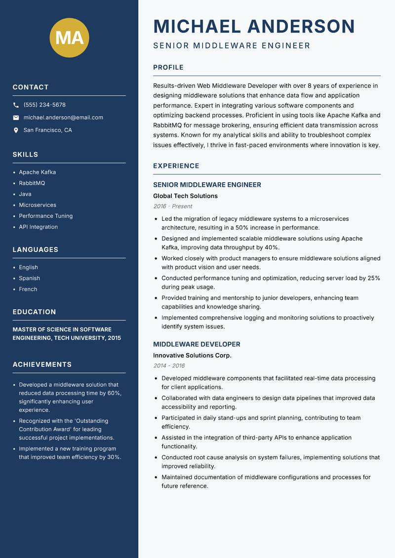 Web Middleware Developer Resume Preview Example