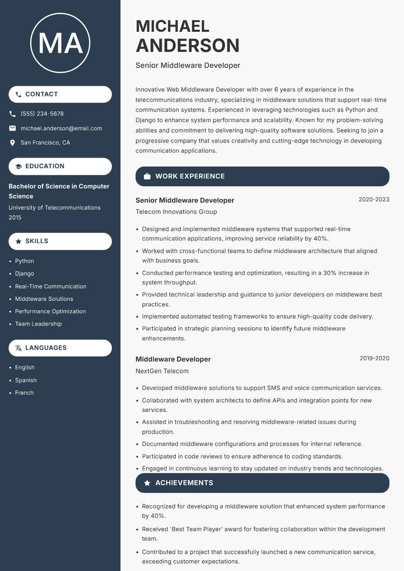 Web Middleware Developer Resume Preview Example