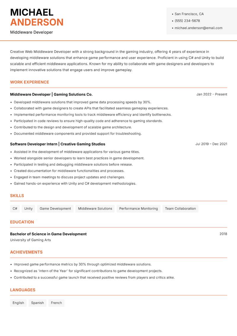 Web Middleware Developer Resume Template