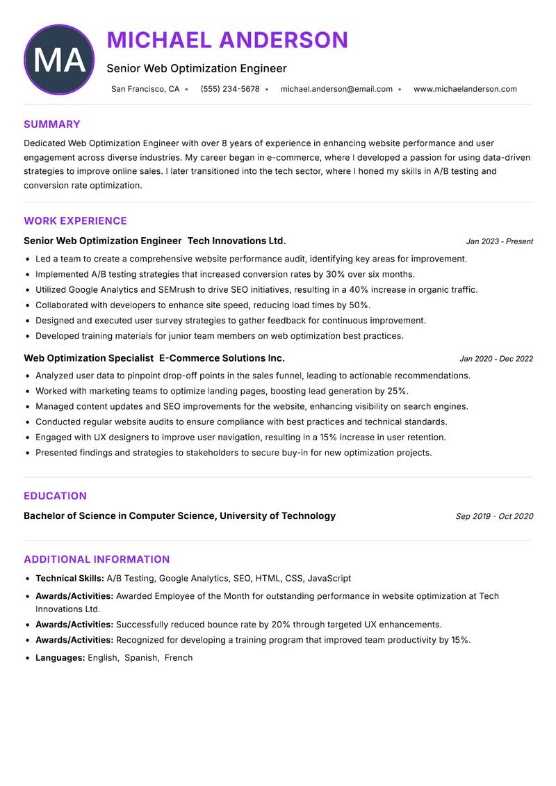 Web Optimization Engineer Resume Preview Example