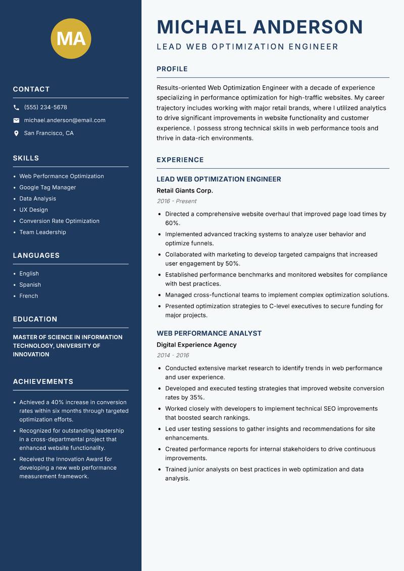 Web Optimization Engineer Resume Preview Example