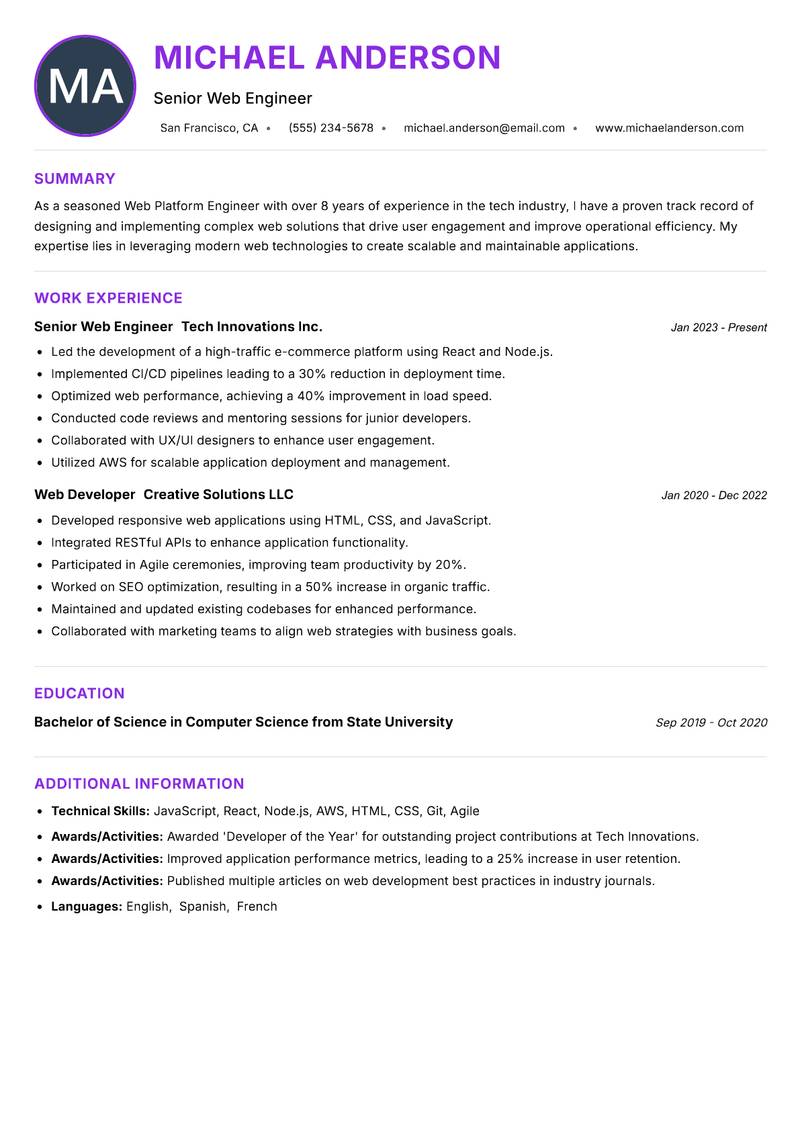 Web Platform Engineer Resume Preview Example