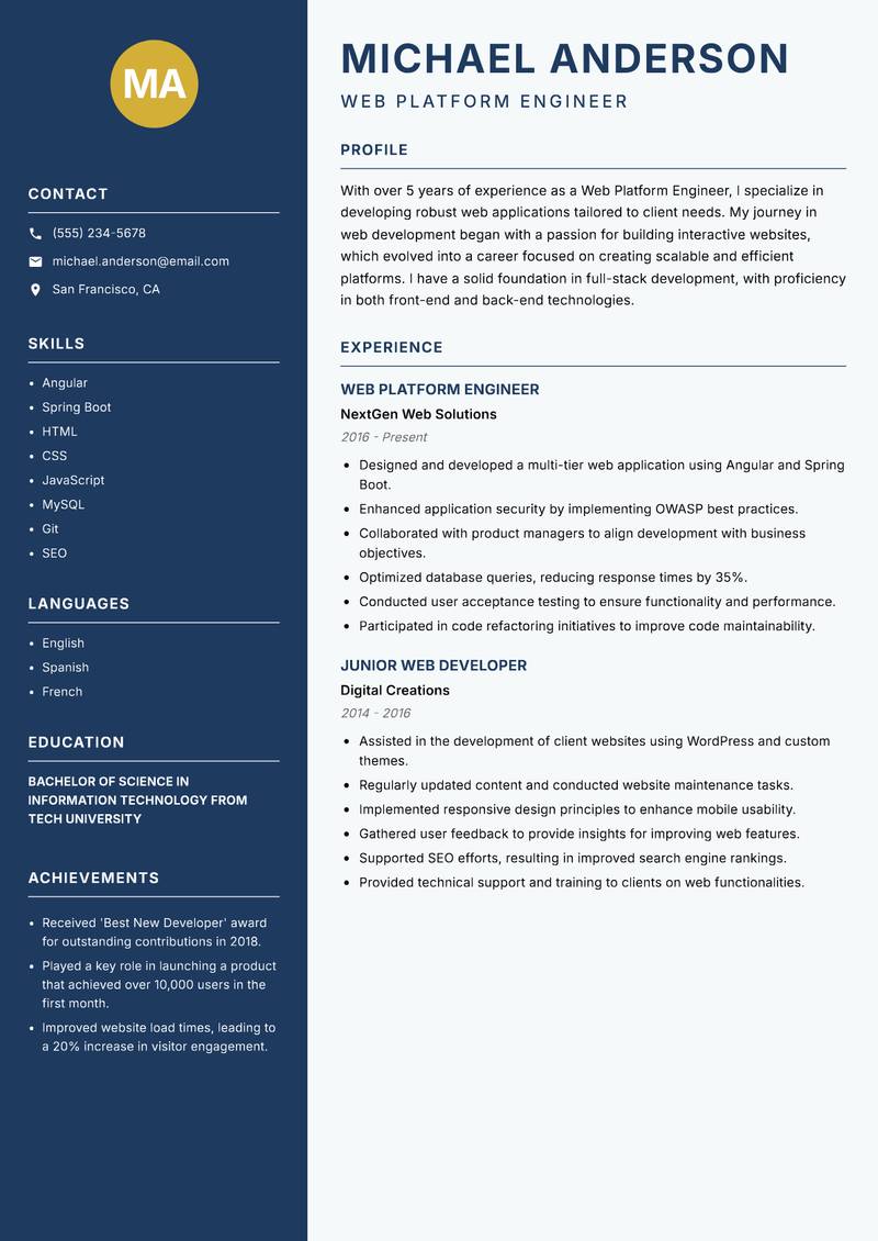 Web Platform Engineer Resume Preview Example