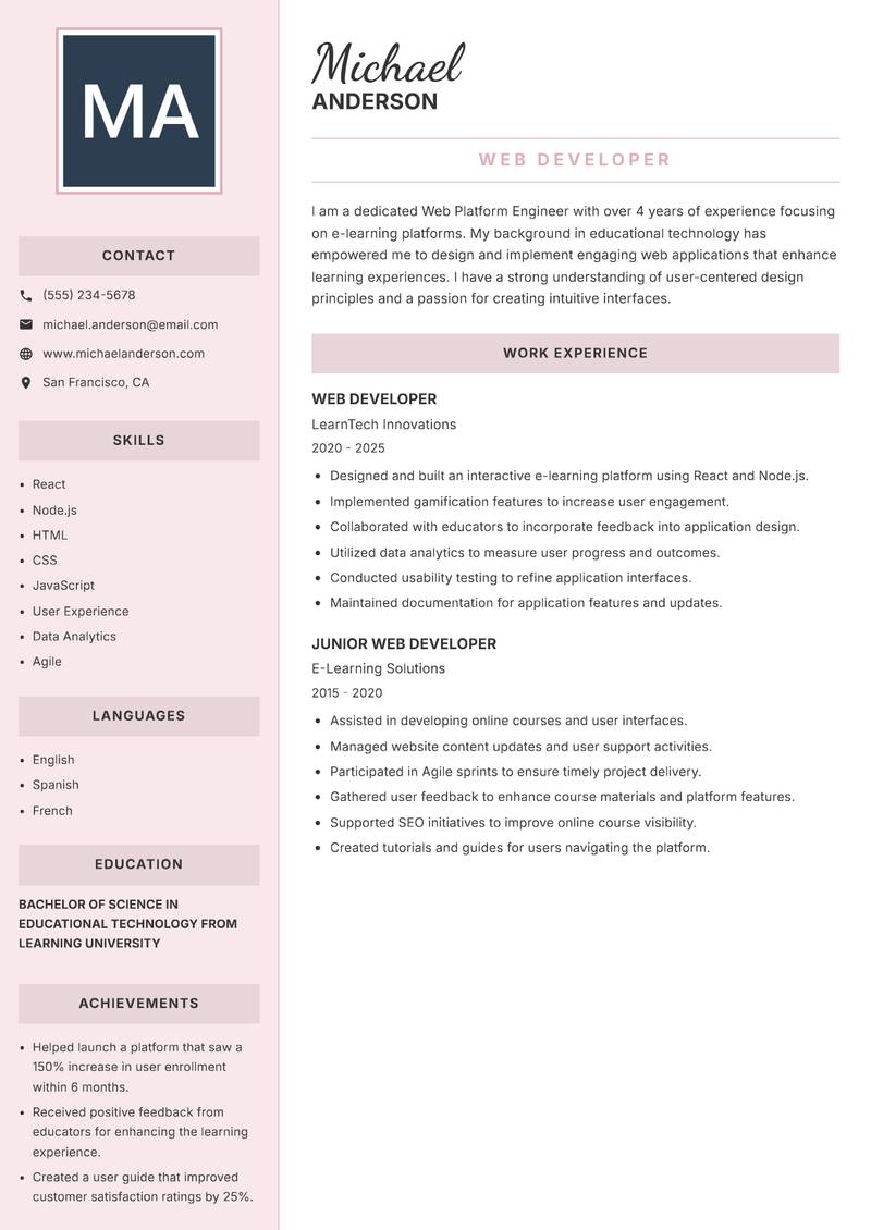 Web Platform Engineer Resume Preview Example