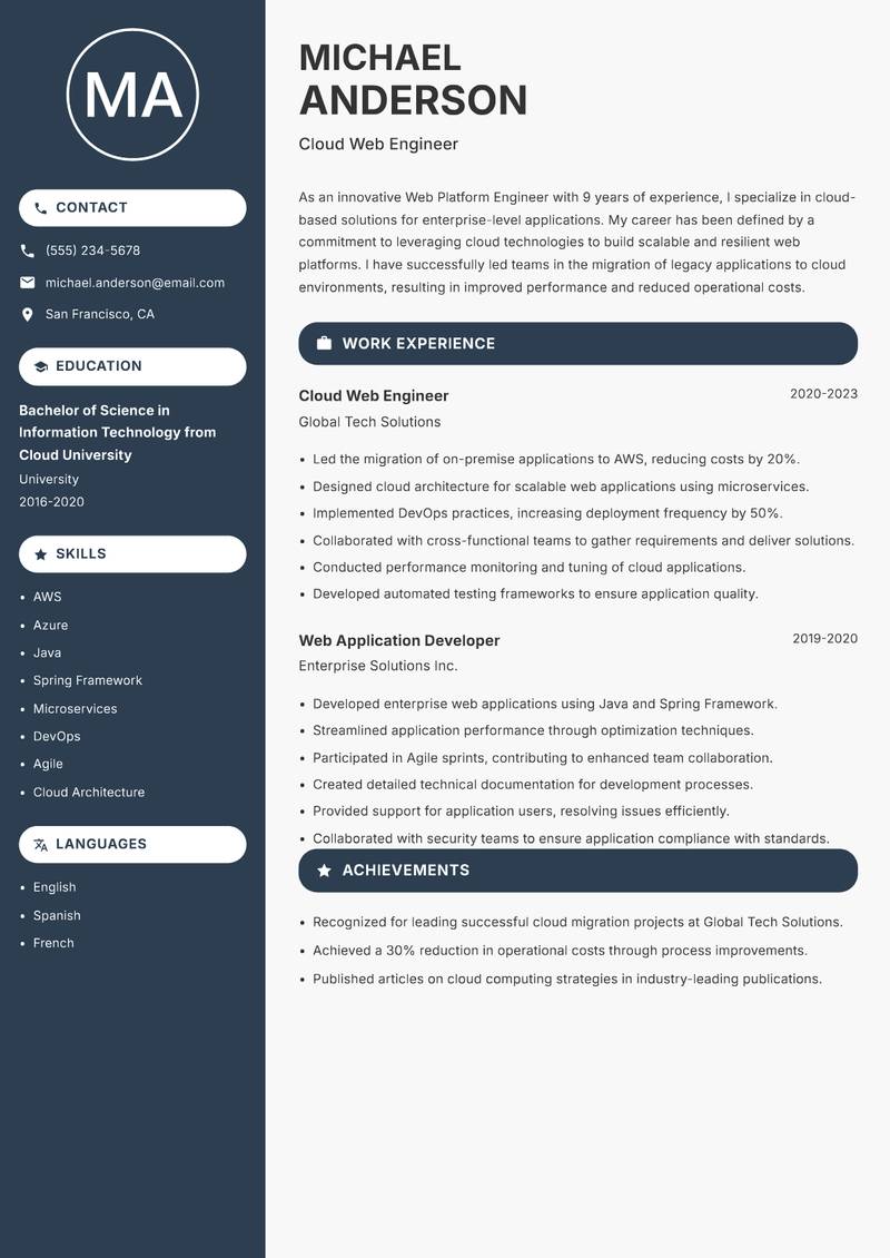 Web Platform Engineer Resume Preview Example