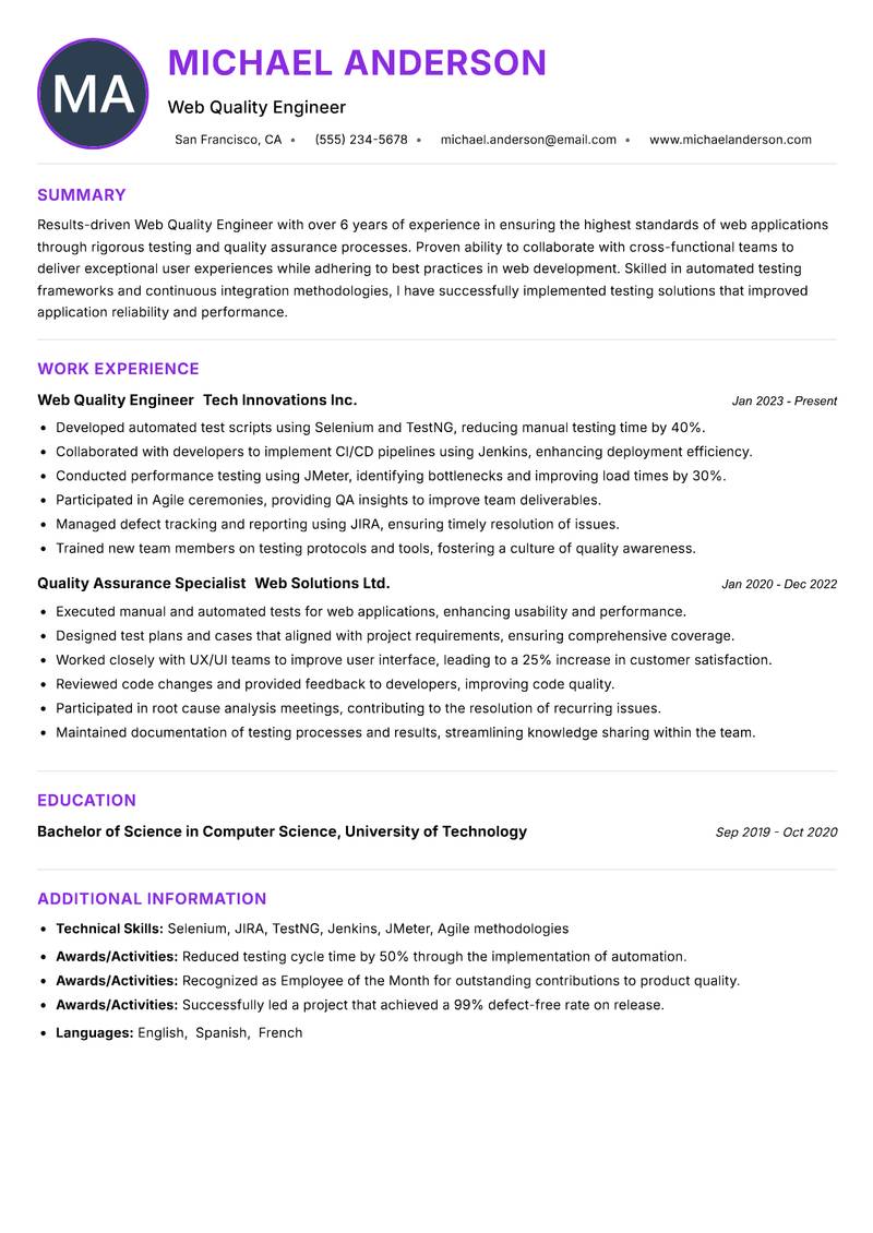 Web Quality Engineer Resume Preview Example