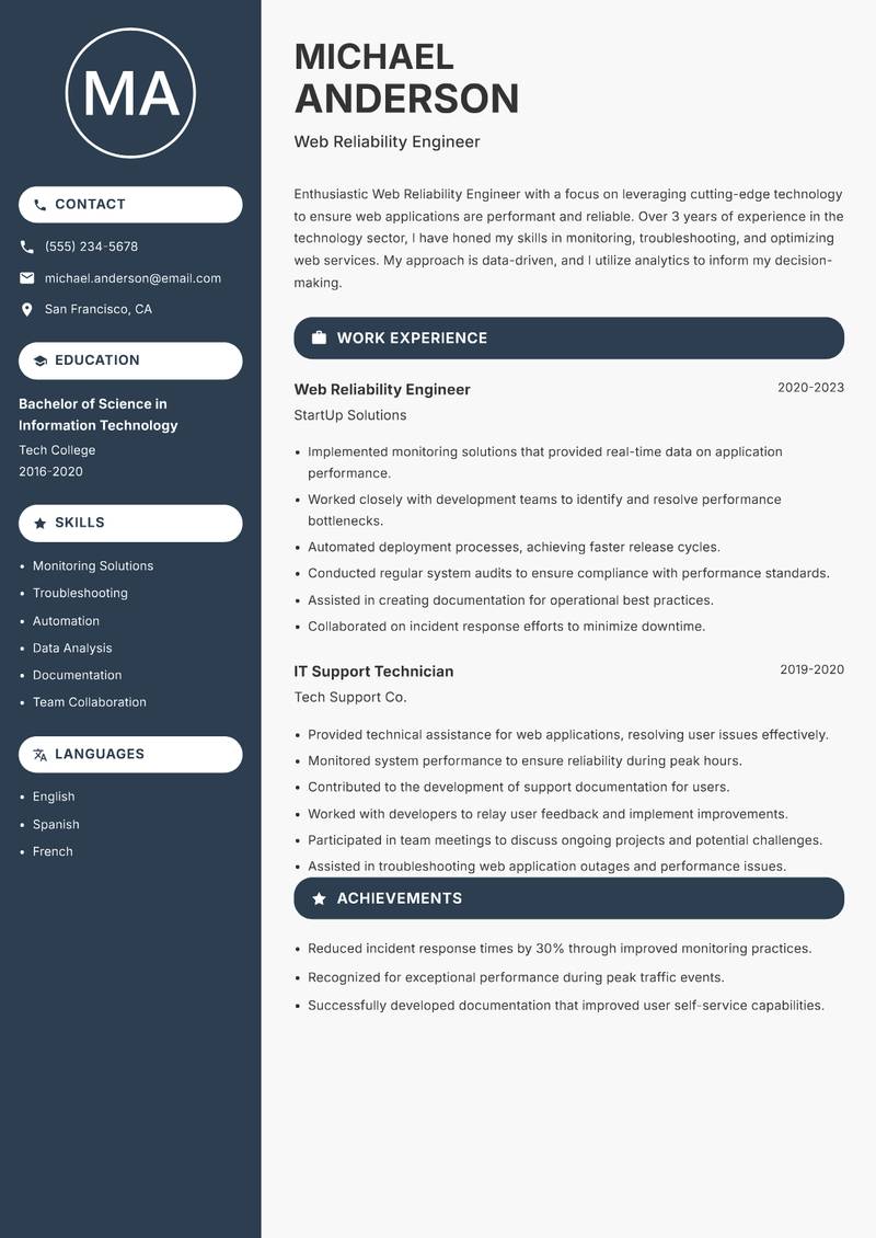 Web Reliability Engineer Resume Preview Example