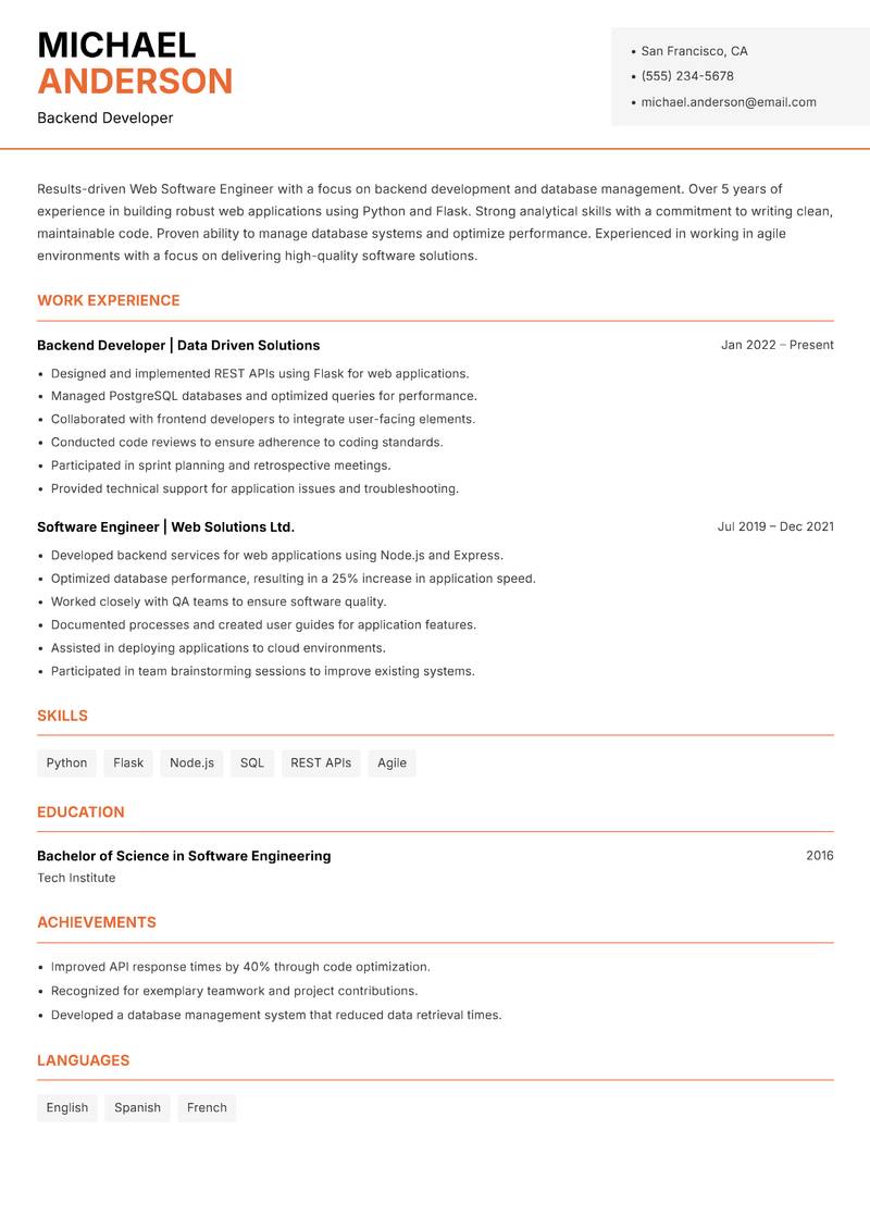 Web Software Engineer Resume Template
