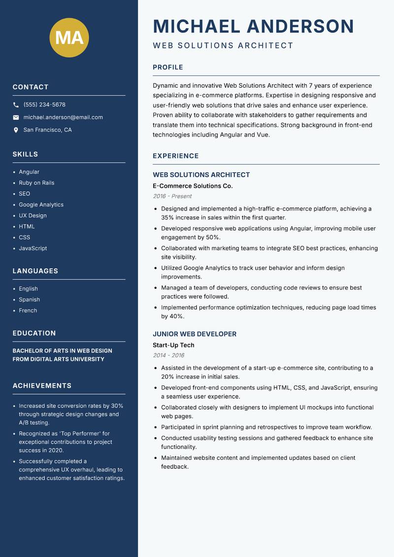 Web Solutions Architect Resume Preview Example