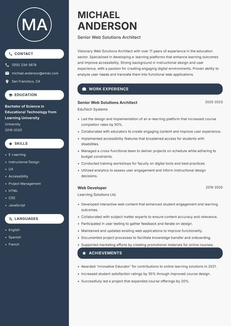 Web Solutions Architect Resume Preview Example