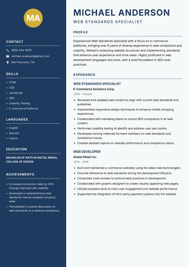 Web Standards Specialist Resume Preview Example