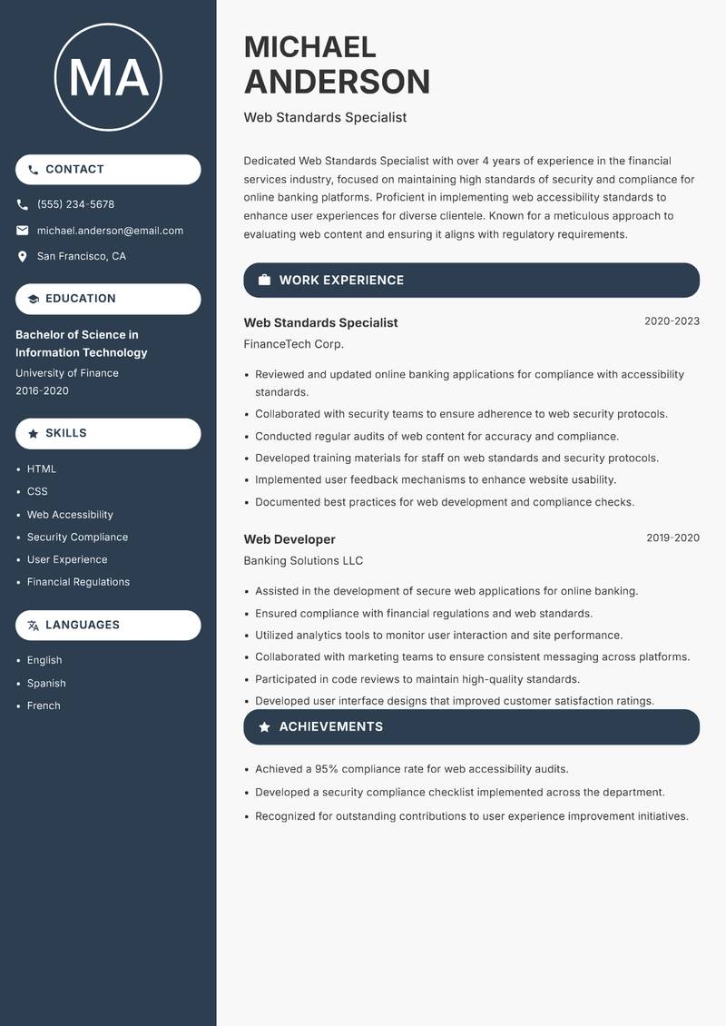 Web Standards Specialist Resume Preview Example