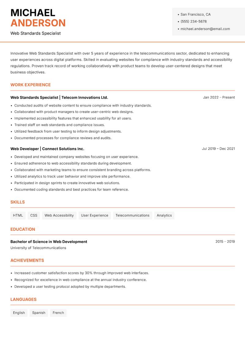 Web Standards Specialist Resume Template