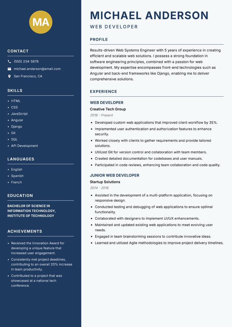 Web Systems Engineer Resume Preview Example