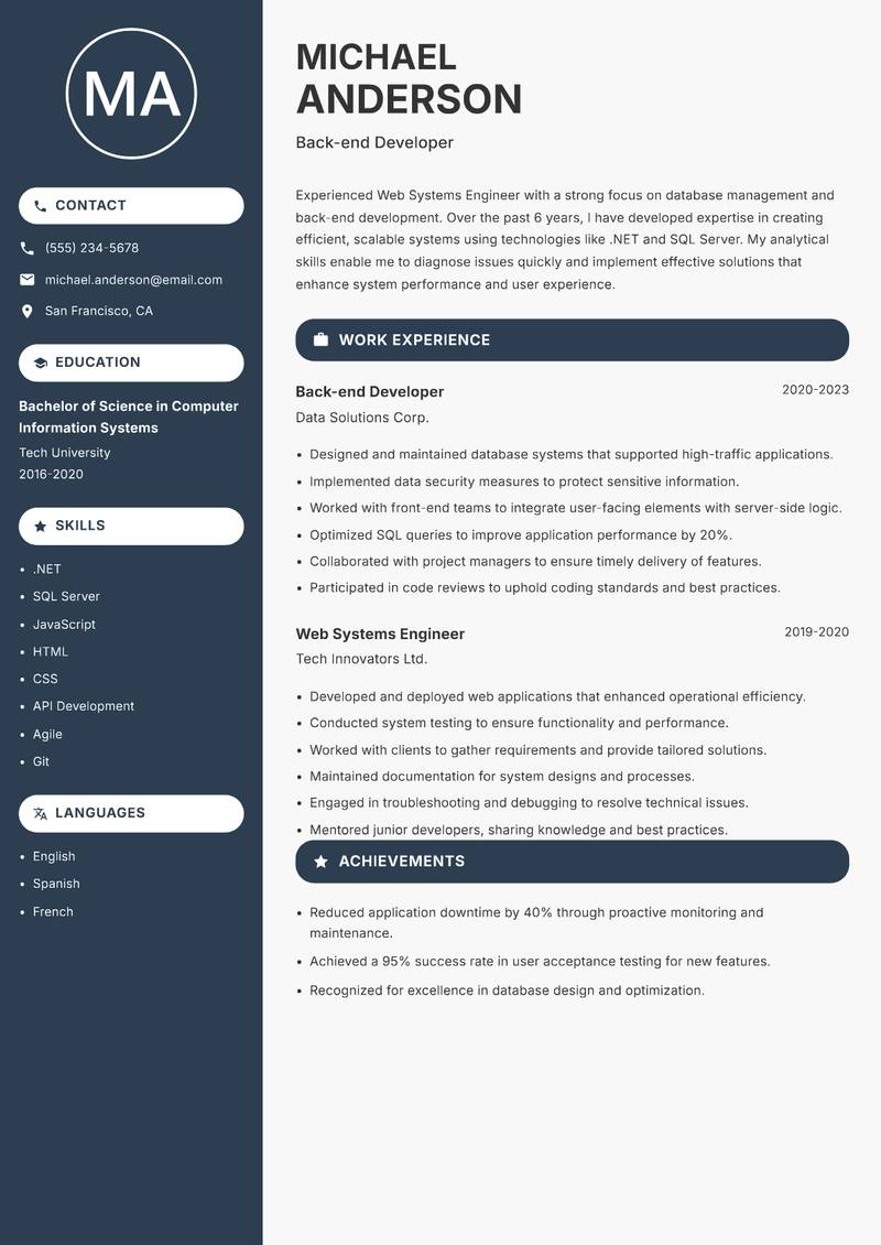Web Systems Engineer Resume Preview Example