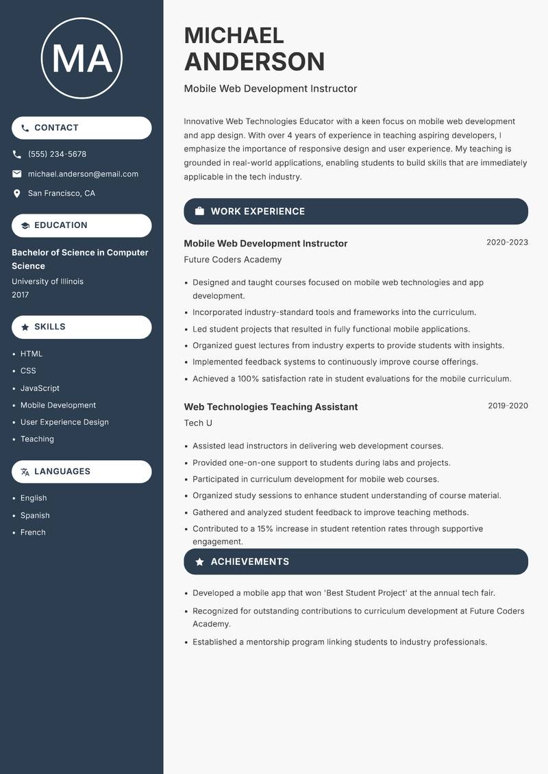 Web Technologies Educator Resume Preview Example