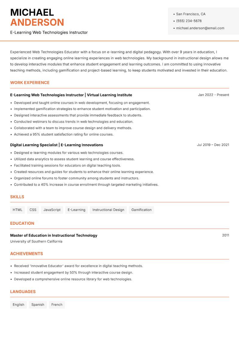 Web Technologies Educator Resume Template
