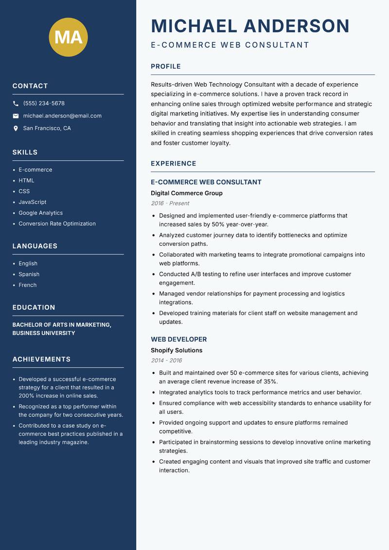 Web Technology Consultant Resume Preview Example