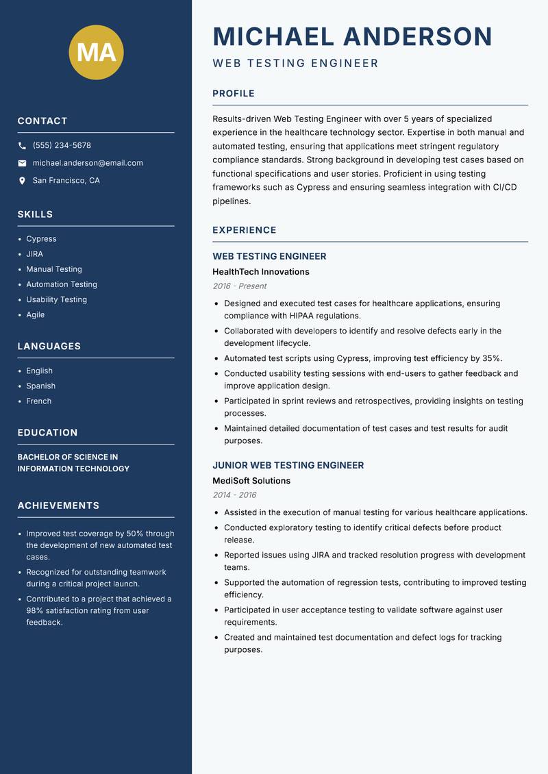 Web Testing Engineer Resume Preview Example