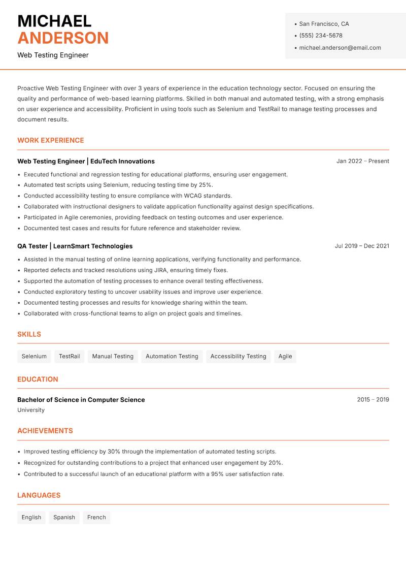 Web Testing Engineer Resume Template