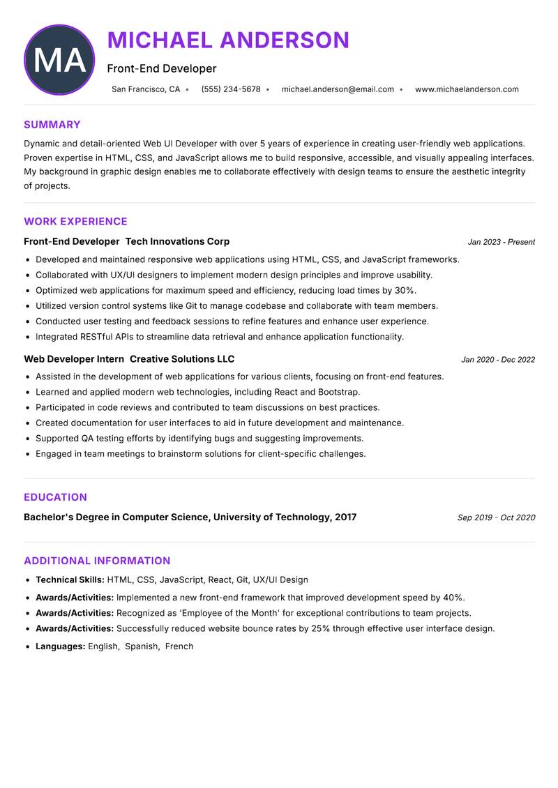 Web UI Developer Resume Preview Example