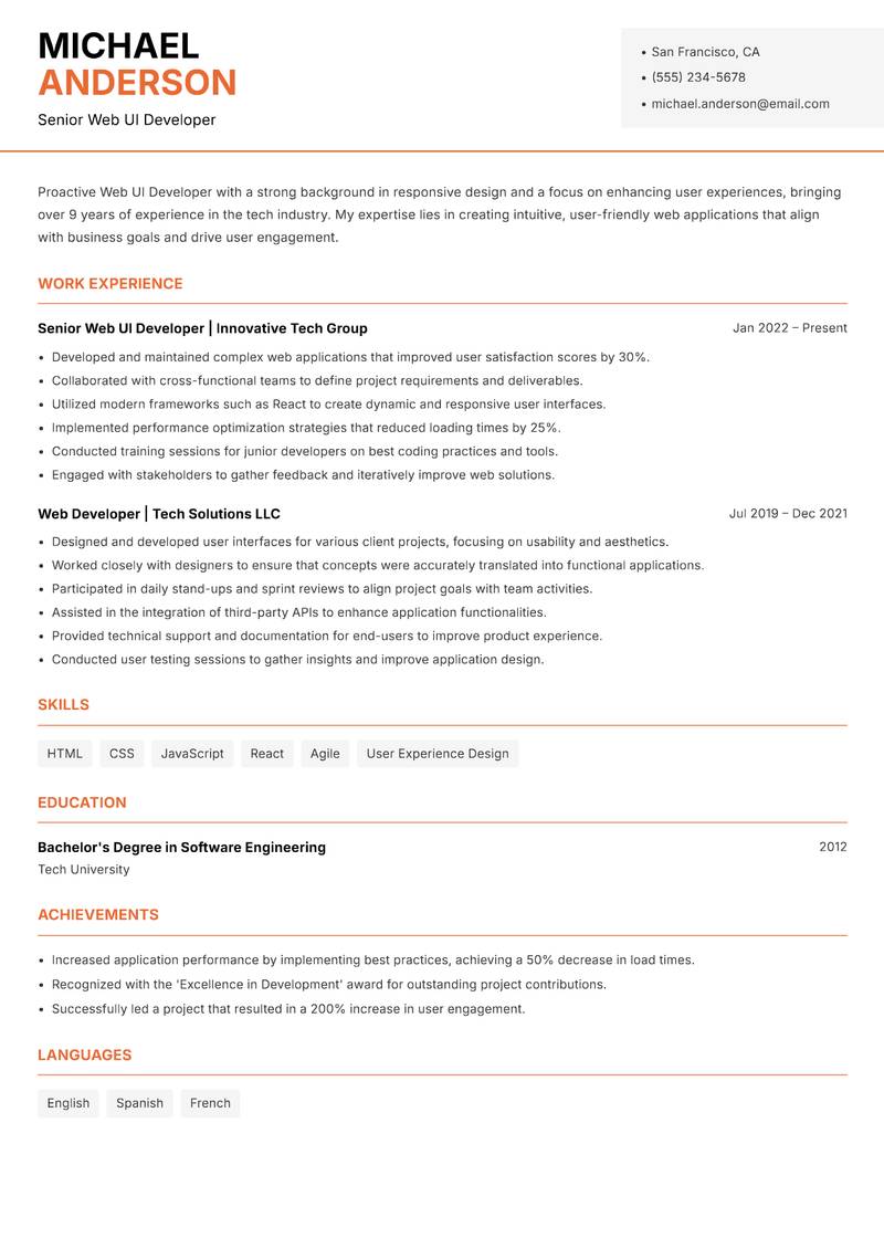 Web UI Developer Resume Template