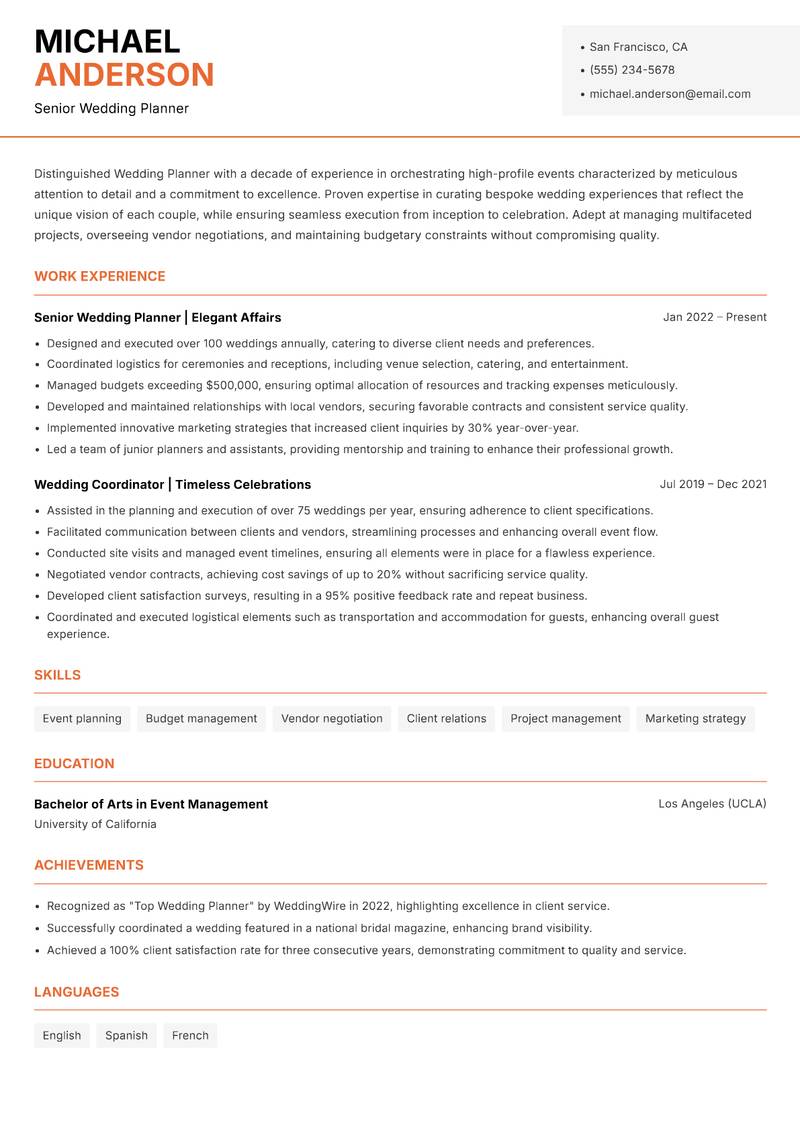 Wedding Planner Resume Template