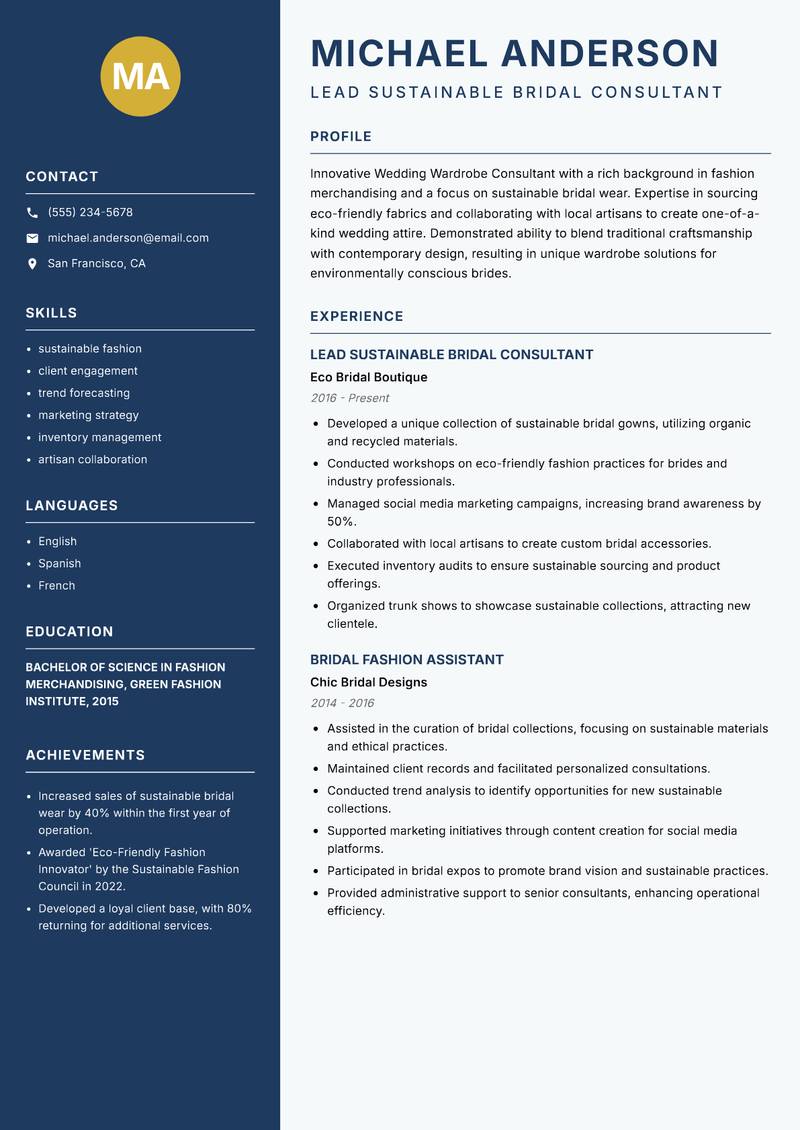 Wedding Wardrobe Consultant Resume Preview Example