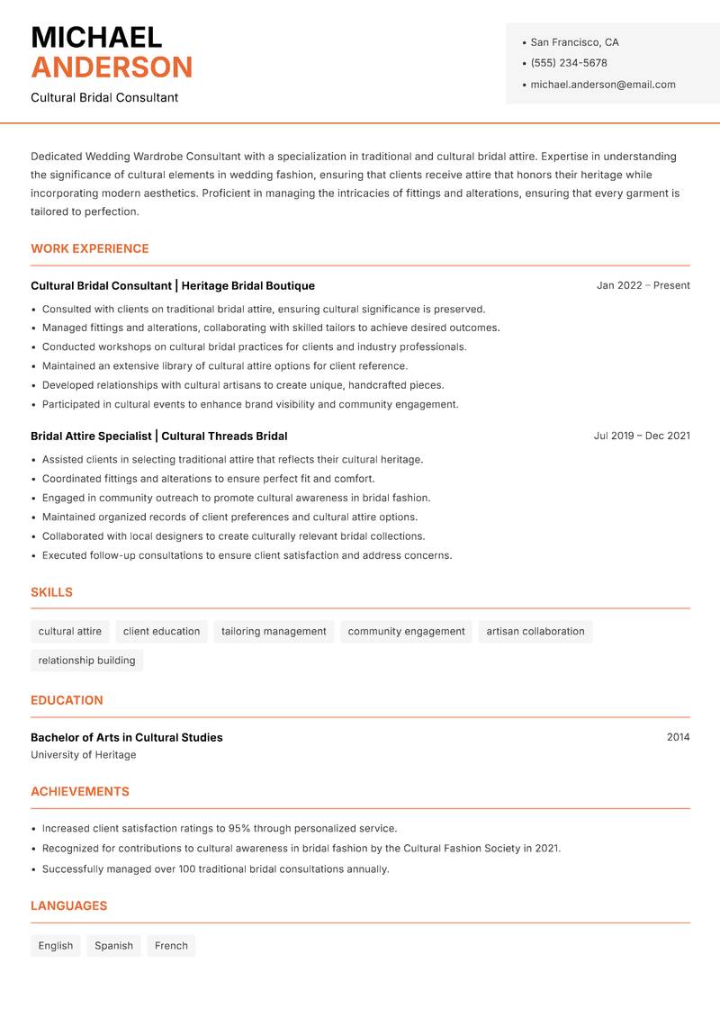 Wedding Wardrobe Consultant Resume Template