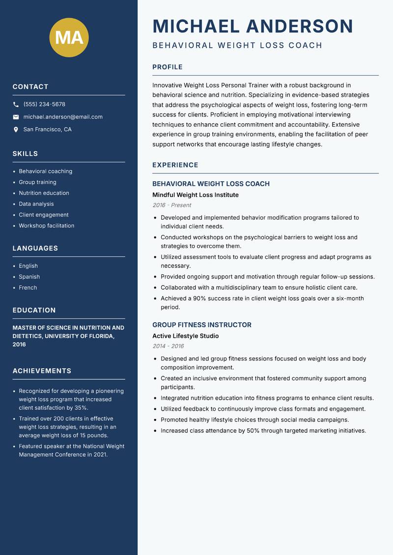 Weight Loss Personal Trainer Resume Preview Example