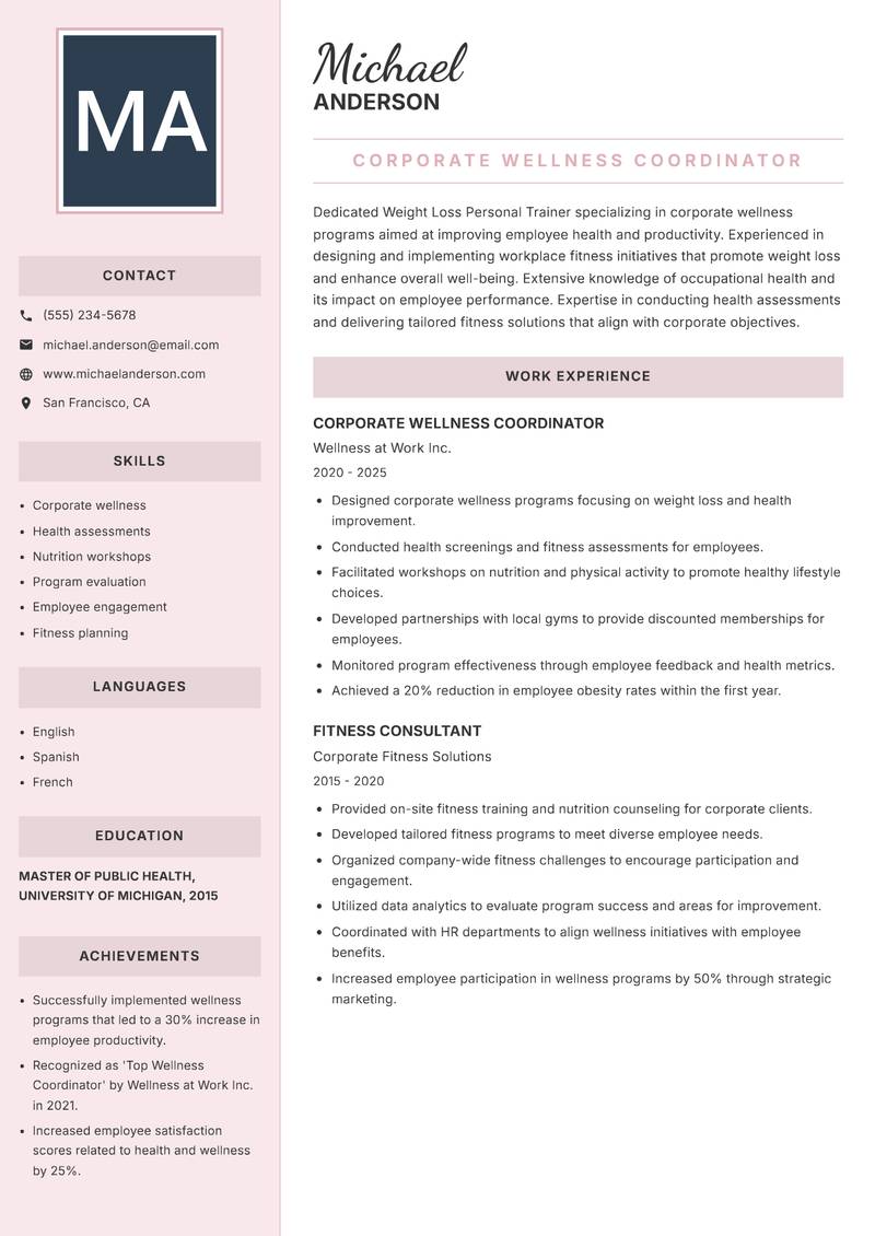 Weight Loss Personal Trainer Resume Preview Example
