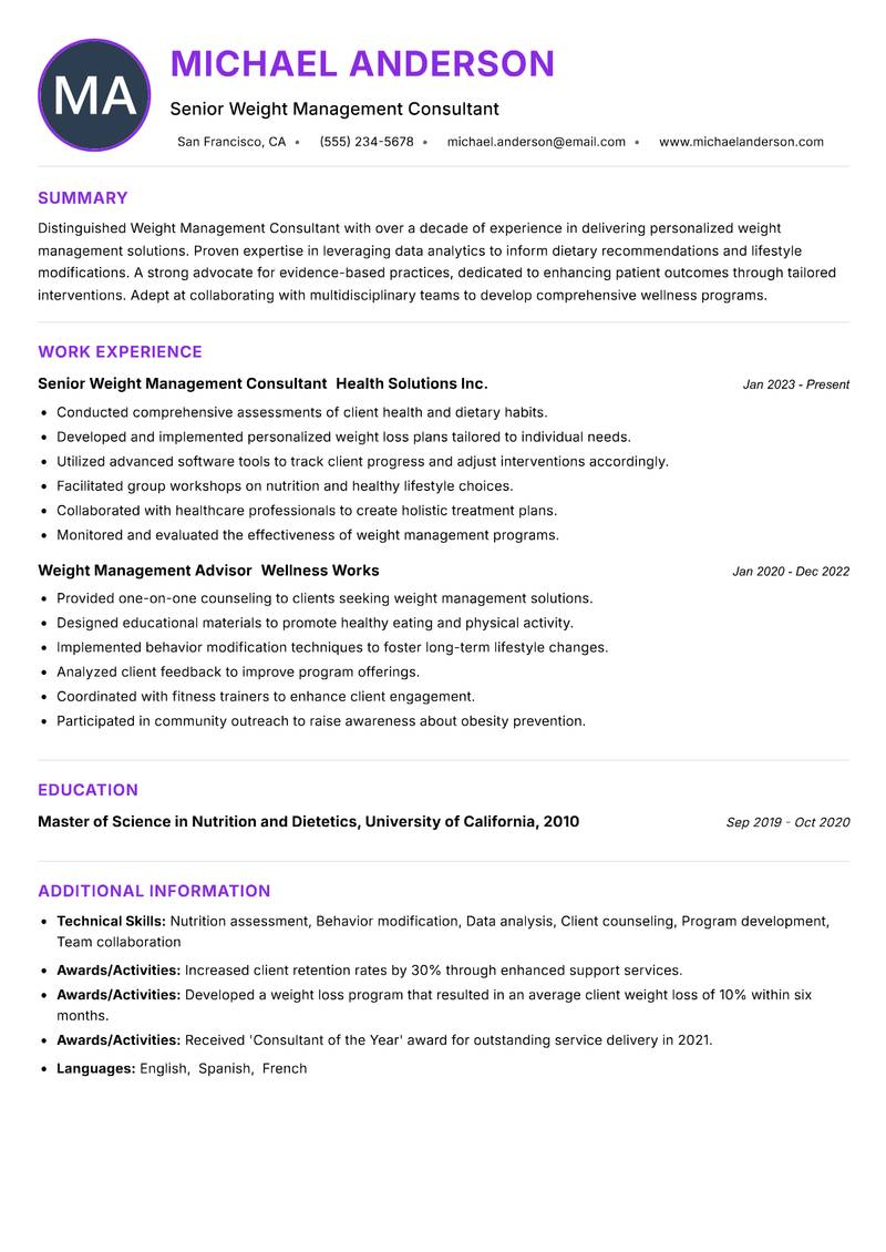 Weight Management Consultant Resume Preview Example