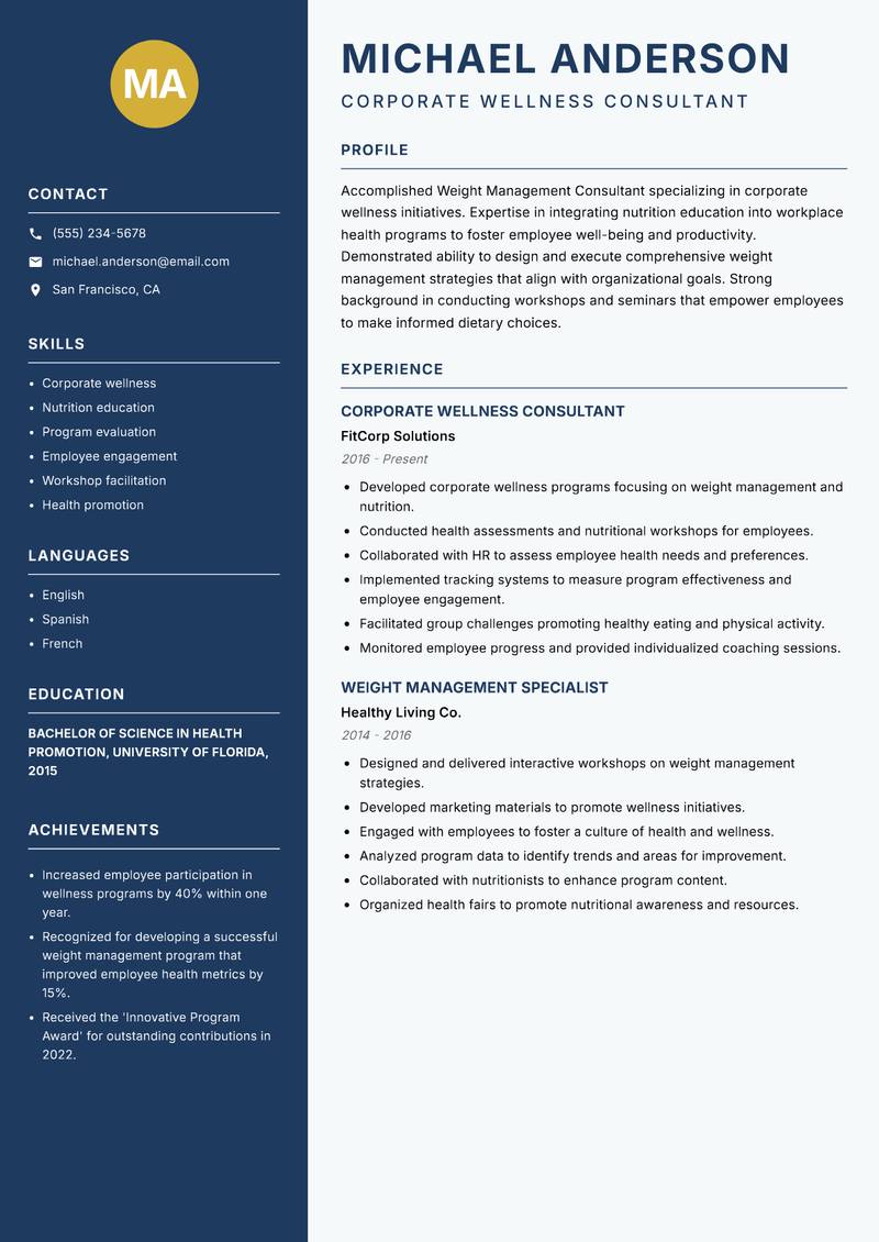 Weight Management Consultant Resume Preview Example