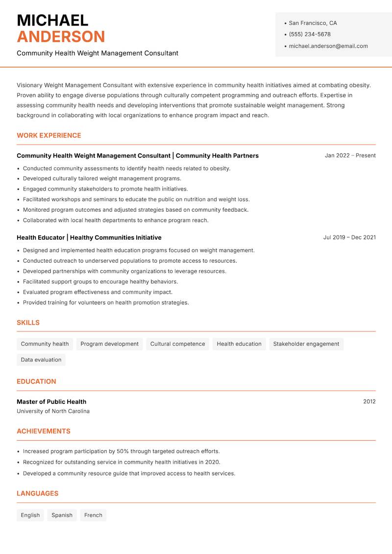 Weight Management Consultant Resume Template