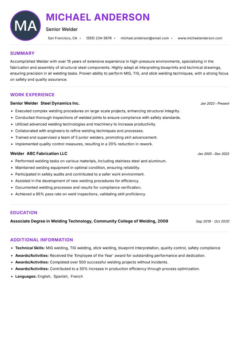 Welder Resume Preview Example
