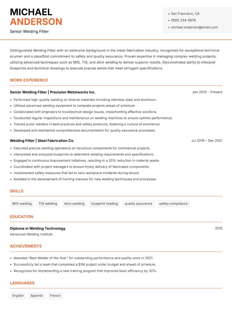 Welding Fitter Resume Template