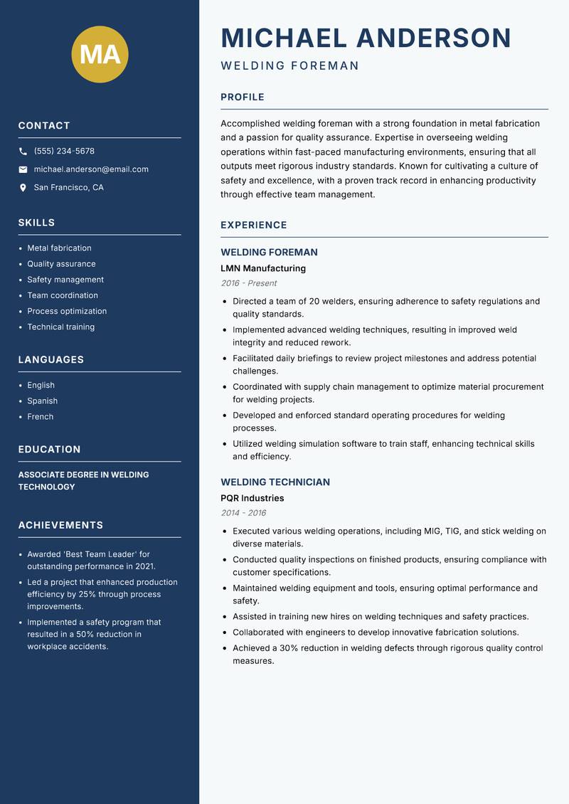 Welding Foreman Resume Preview Example
